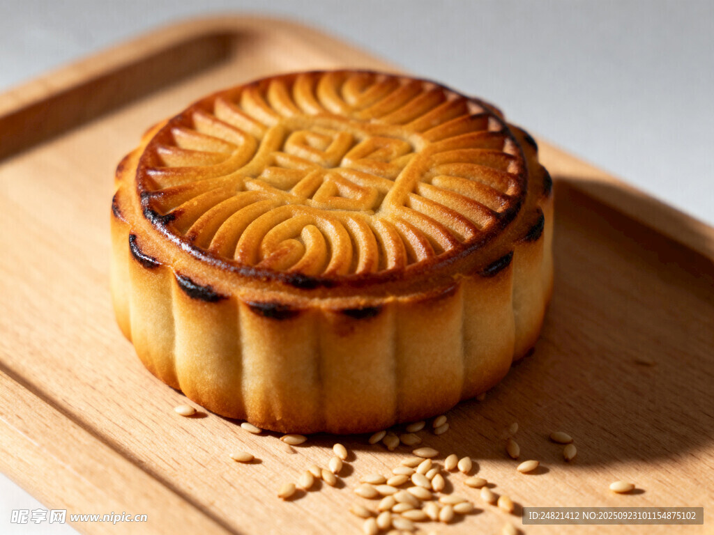 传统美味月饼置于木盘上