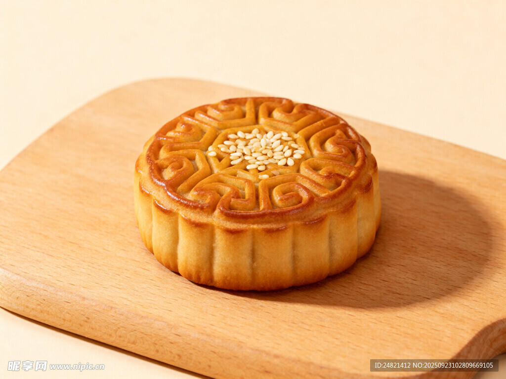 传统美味月饼置于木盘上