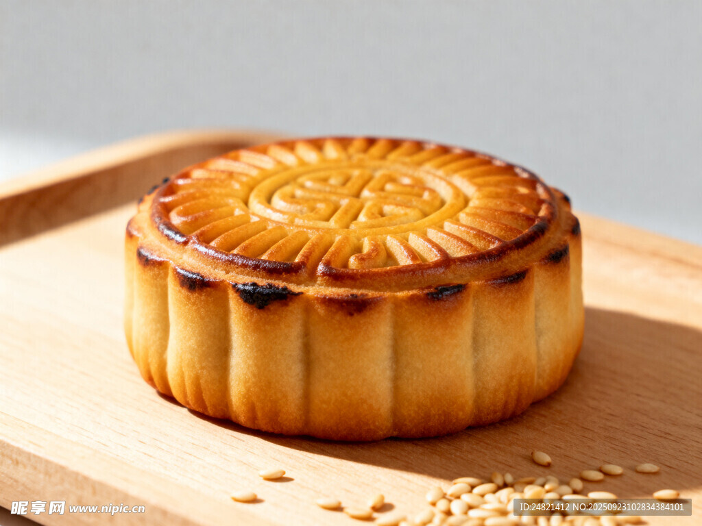 传统美味月饼置于木盘上