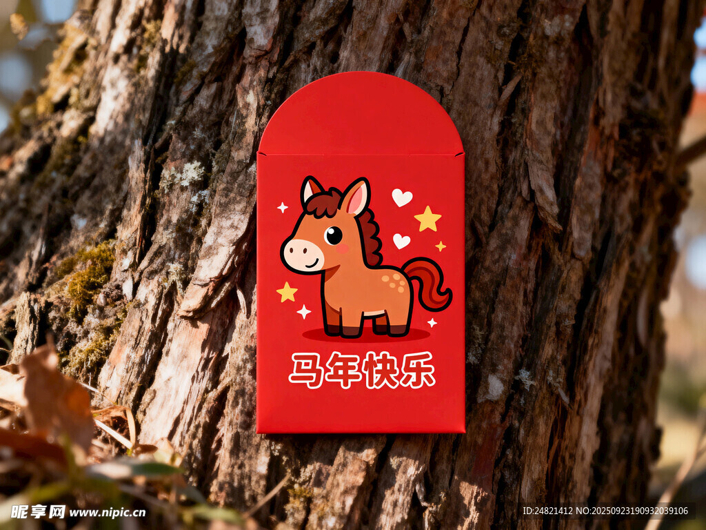 红色小马祈福牌挂于树旁