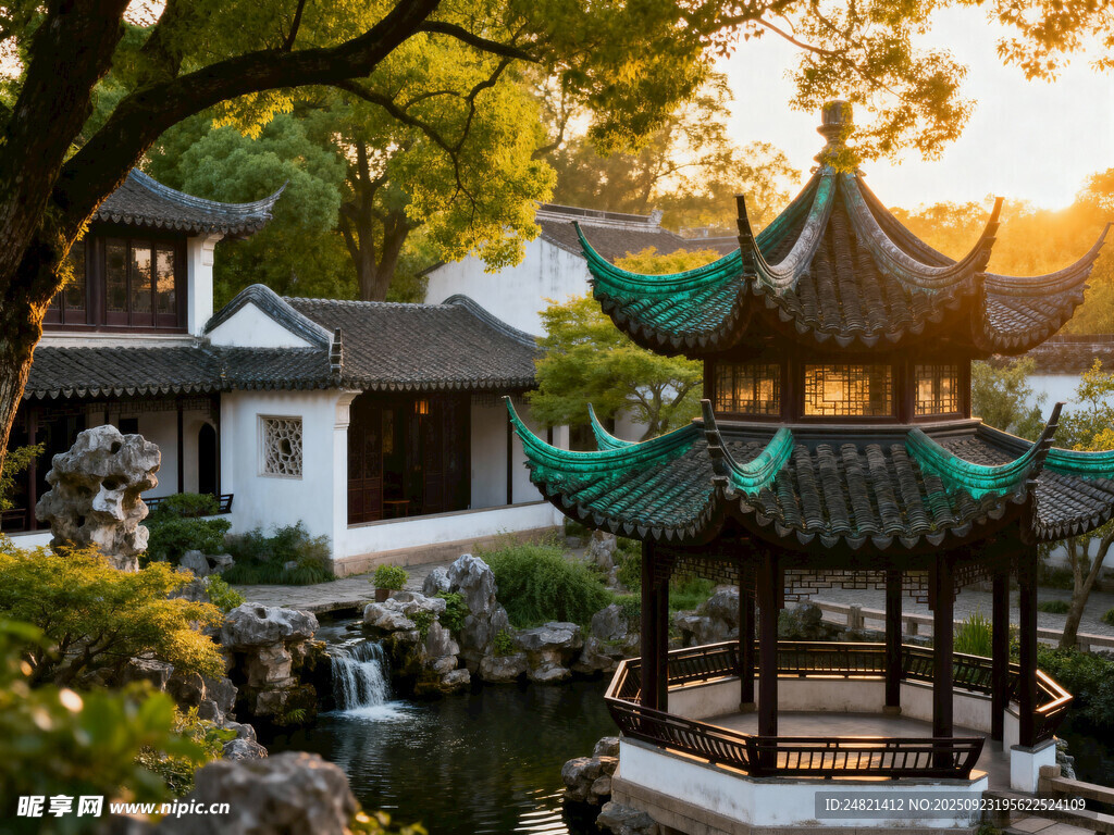 中式园林黄昏美景