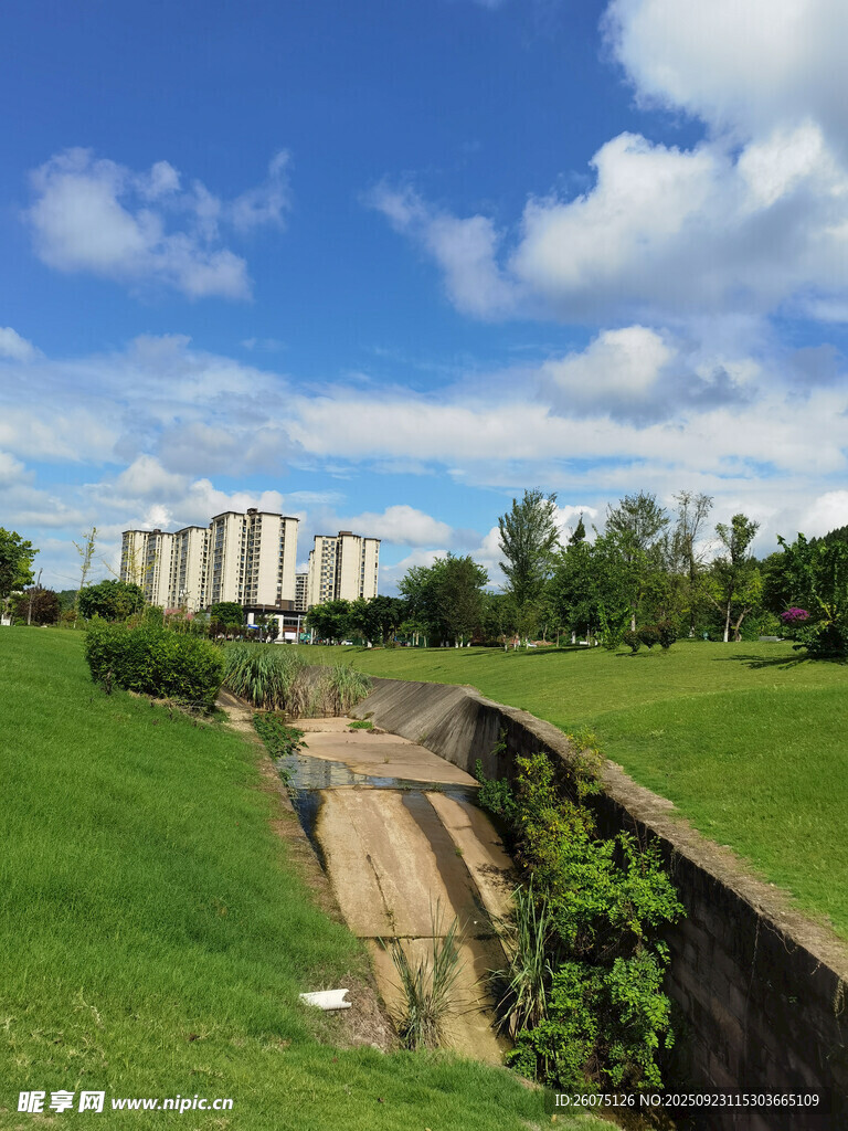城郊绿地旁的建筑景观