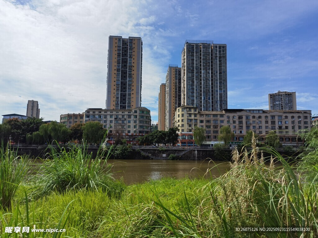 河畔高楼与葱郁草地景观