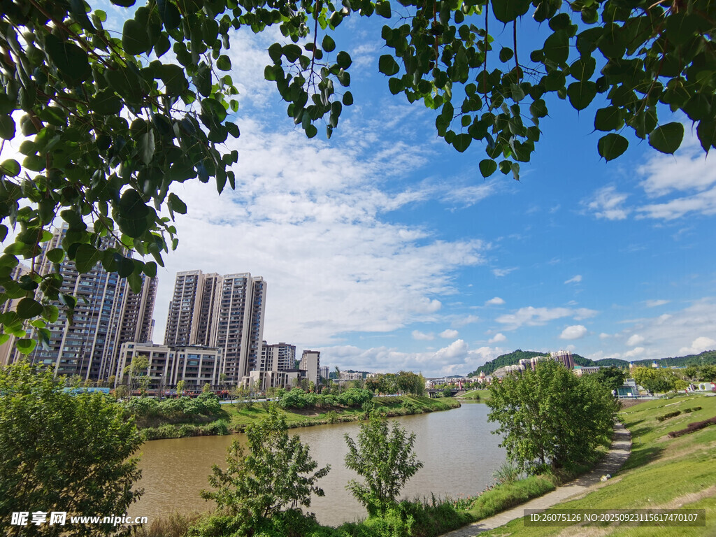 河畔城市风光绿意盎然