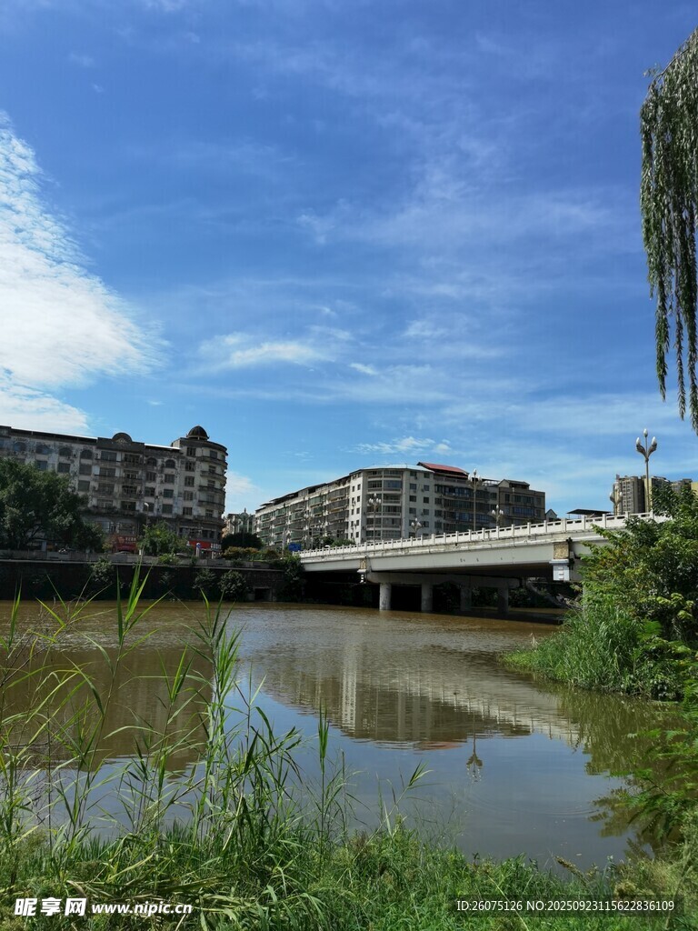 河畔桥梁与建筑风景