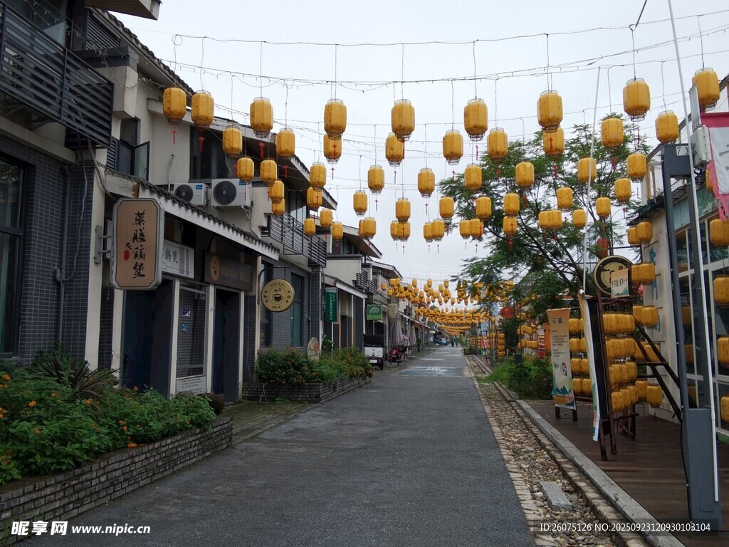 街道悬挂的黄色灯笼景观