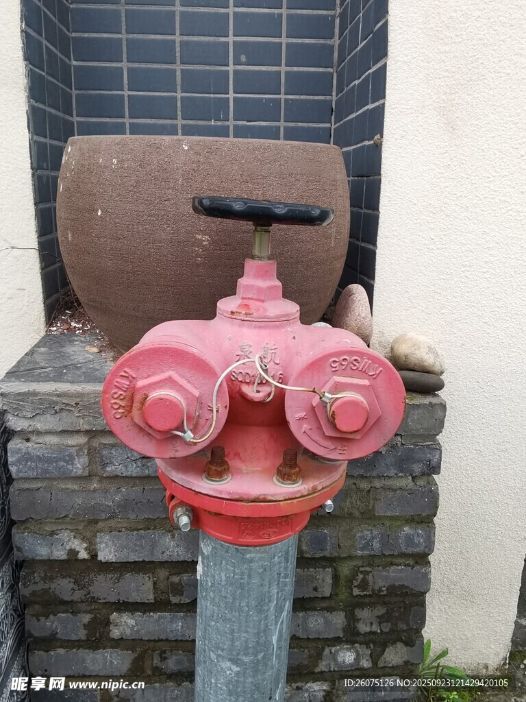 红色双接口消防栓特写