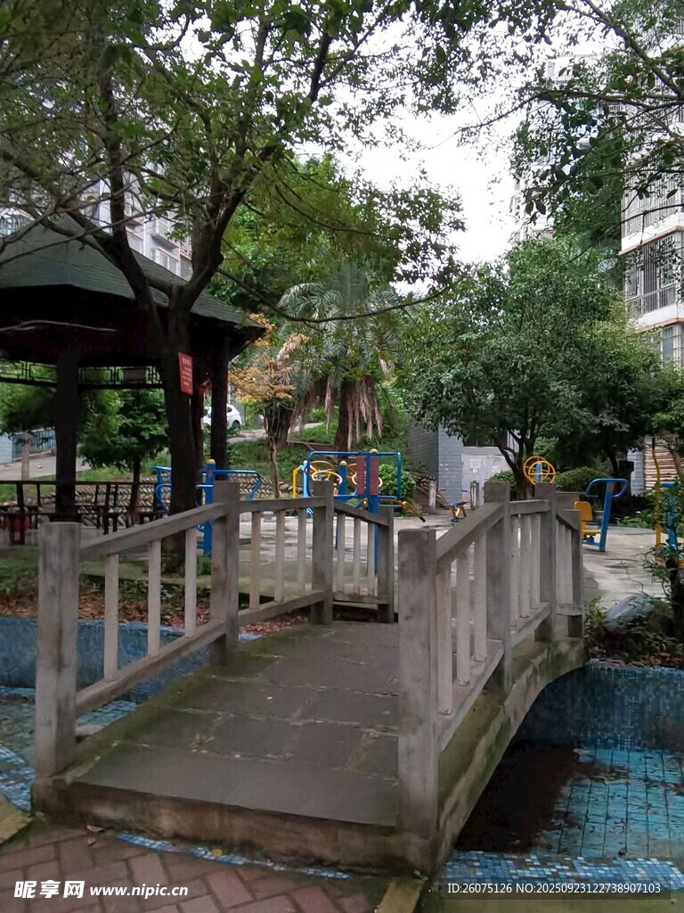 公园中式小桥与凉亭景观