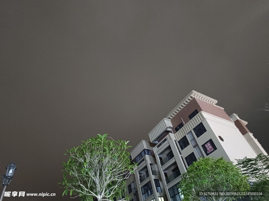 高楼旁绿树映衬阴沉天空