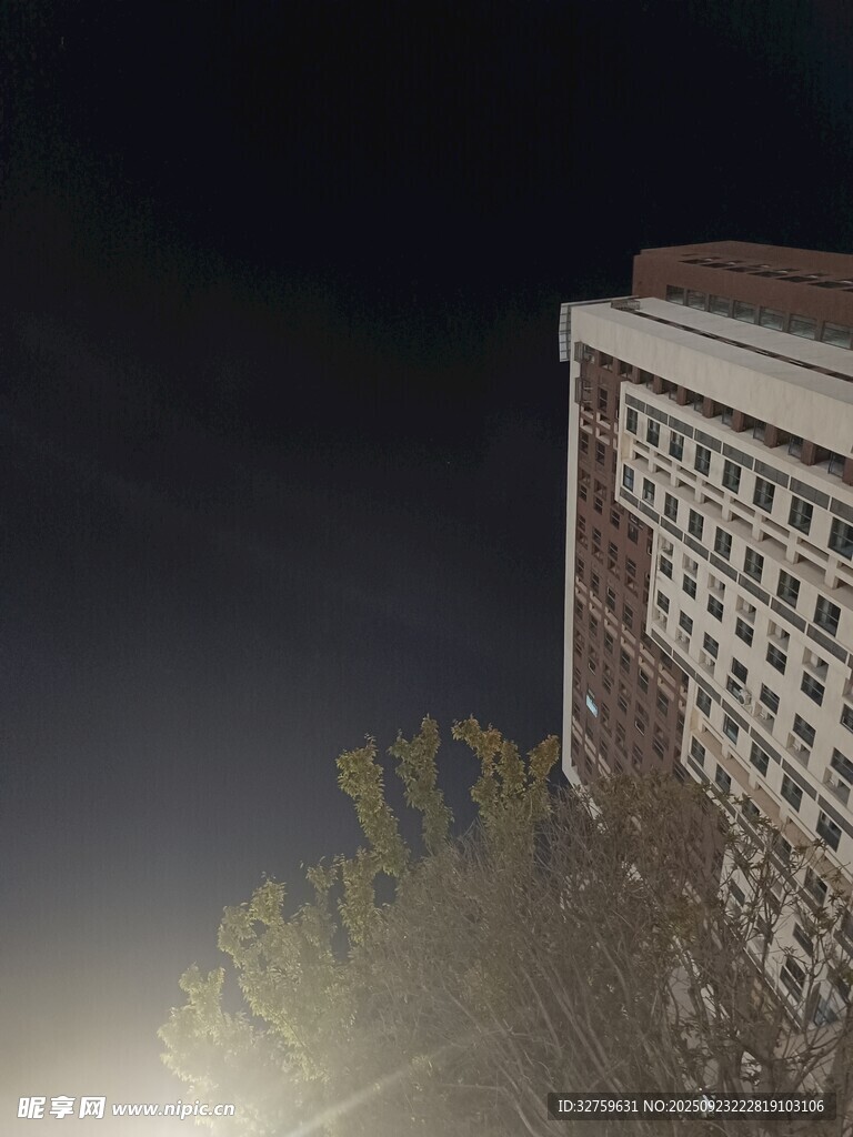 夜晚高楼旁的朦胧景象