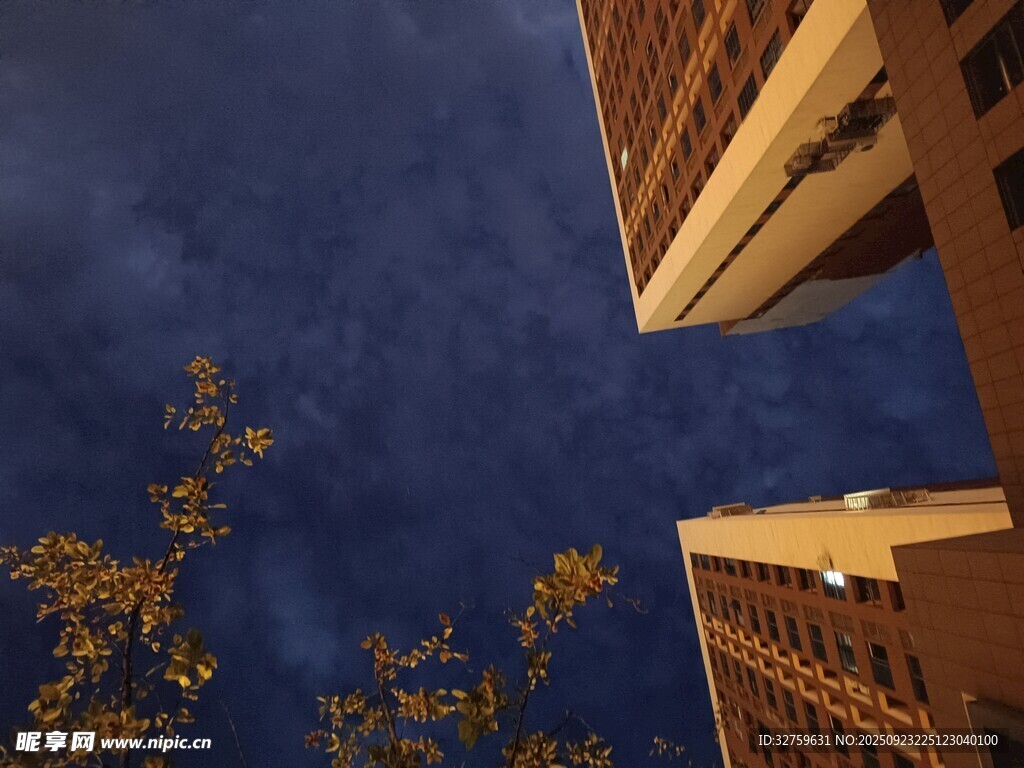 仰望楼宇间的秋日天空
