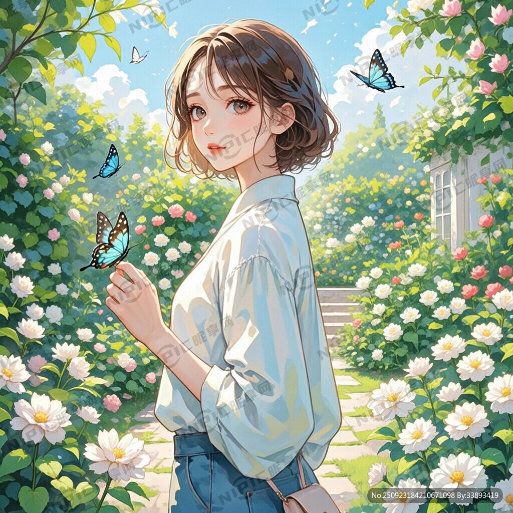 现代女性 富有 蝴蝶  花园 