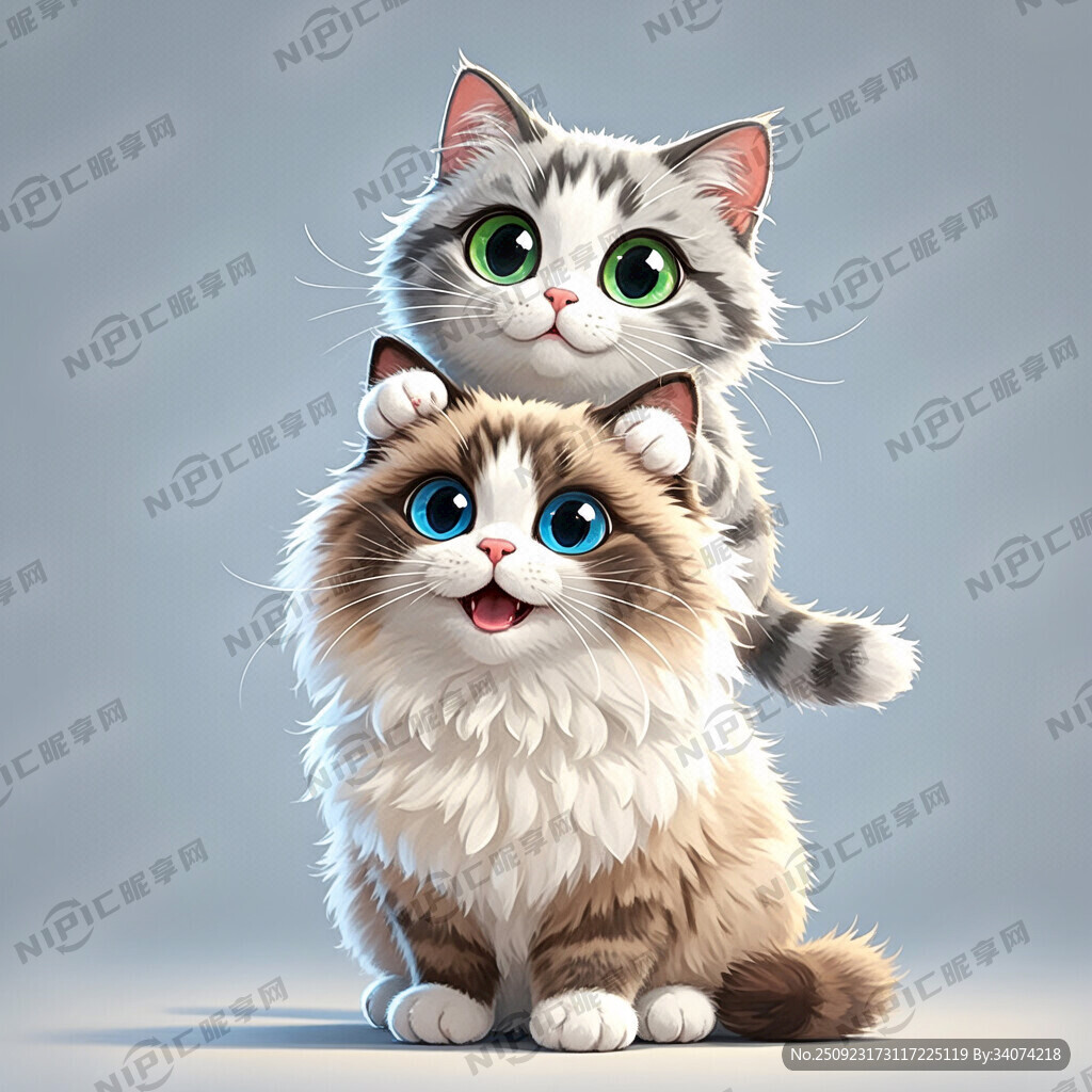 3D 渲染 两只可爱的卡通猫咪
