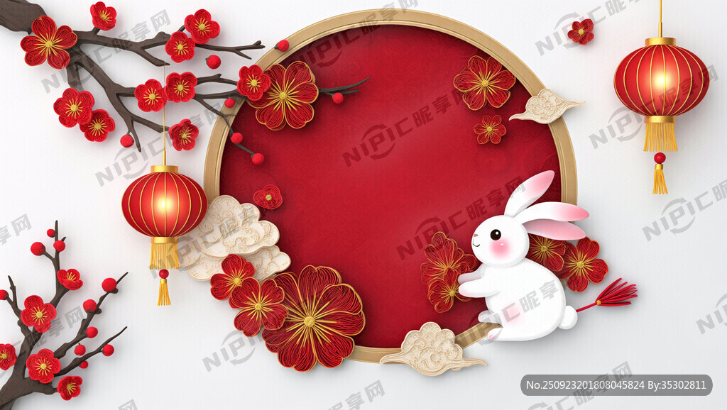 衍纸艺术 春节 可爱兔子 红梅