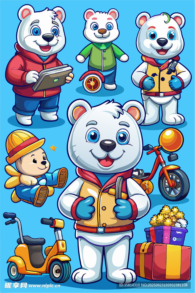 可爱北极熊与玩具欢乐场景