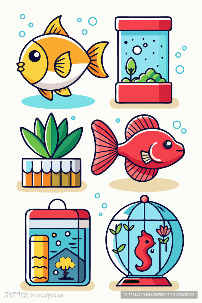 可爱鱼类与水族用品插画
