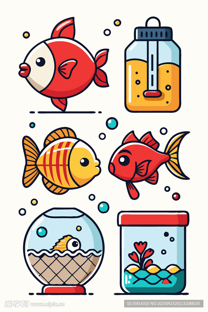 可爱鱼类与水族用品插画