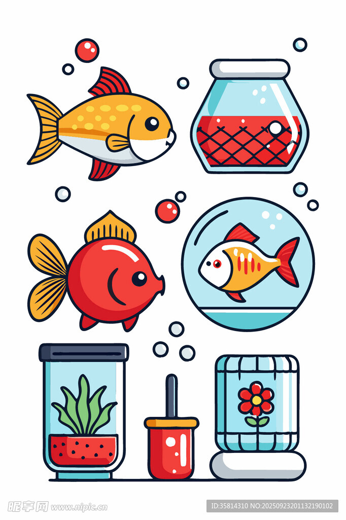 可爱鱼类及水族用品插画