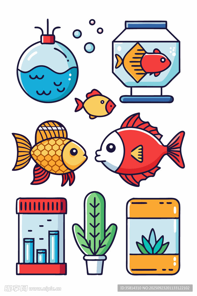 多彩鱼类与水族用品插画