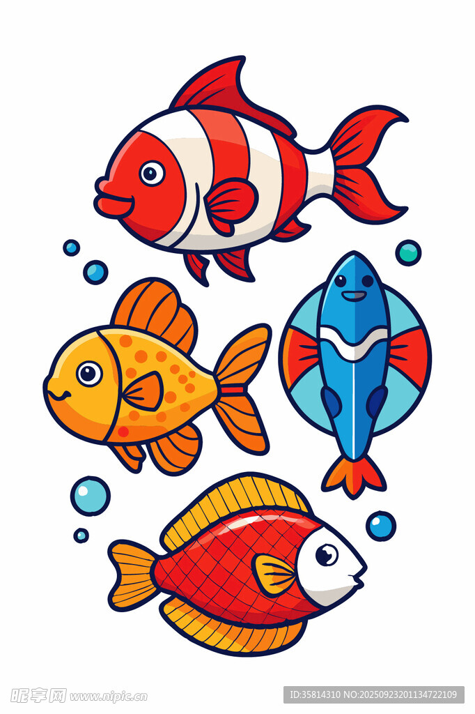 多彩卡通鱼群插画