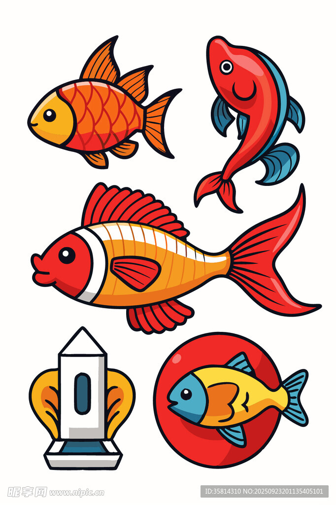 多彩鱼类与航海元素插画