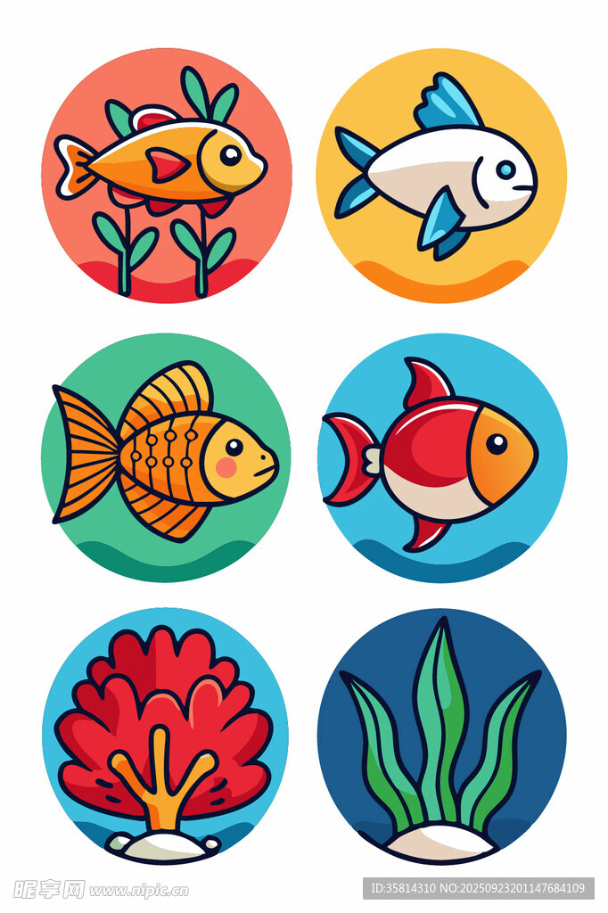 可爱海洋生物圆形插画