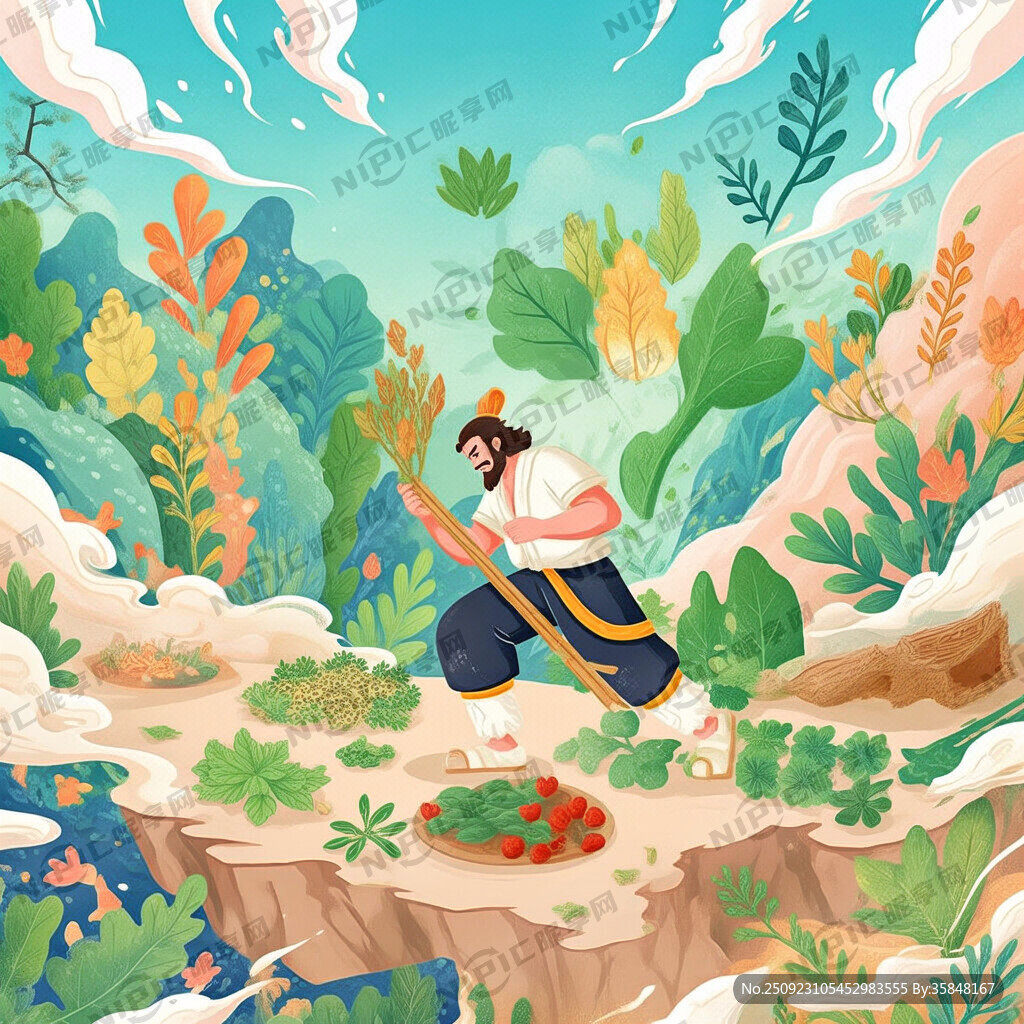 神农尝百草的卡通背景图片
