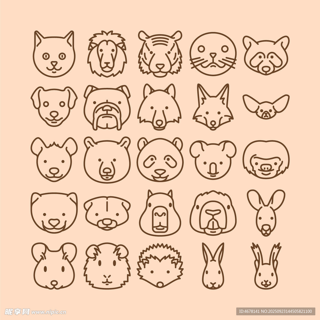 可爱动物头像线条插画