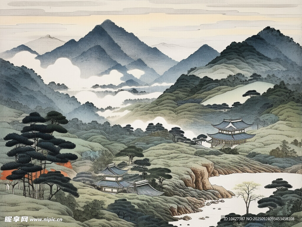 水墨山水间的宁静村落