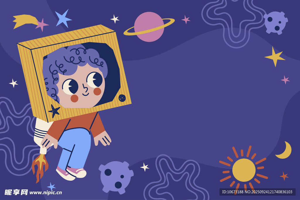 卡通小孩框中幻想太空场景