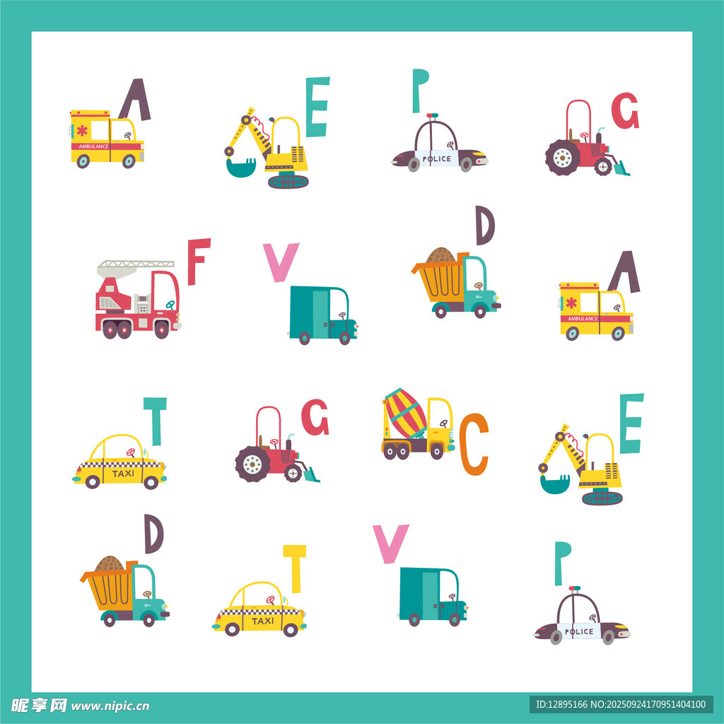 多彩卡通字母与交通工具图案