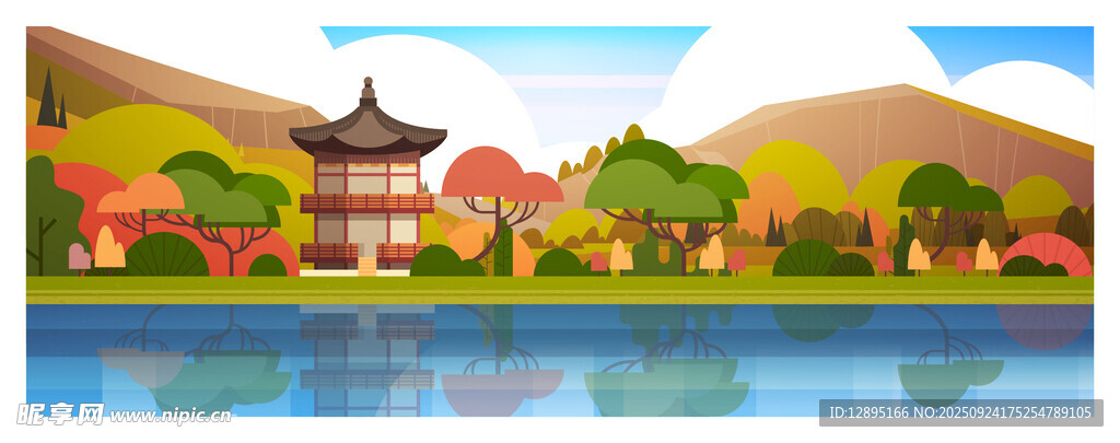 湖畔中式建筑美景