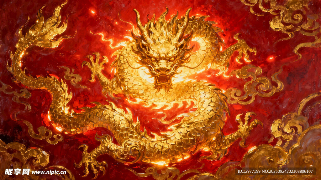 金色祥龙盘踞于红色锦缎