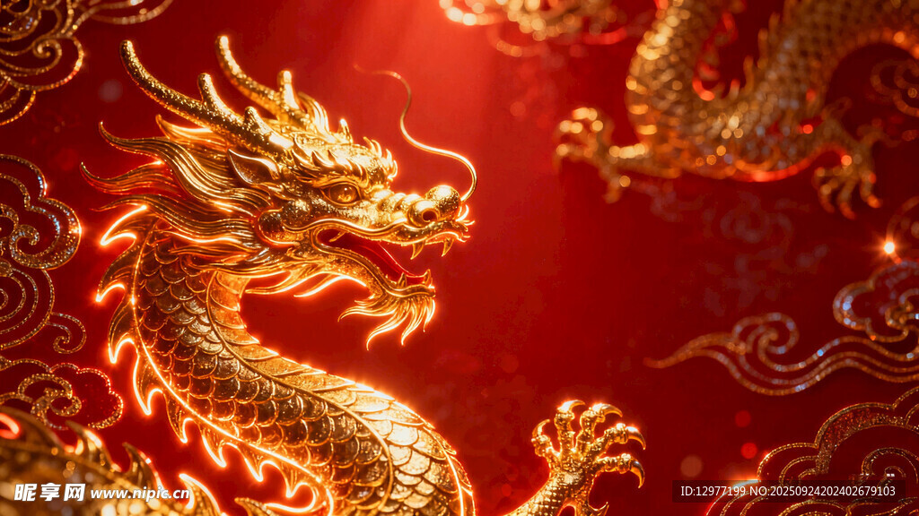 金龙戏珠于红底之上
