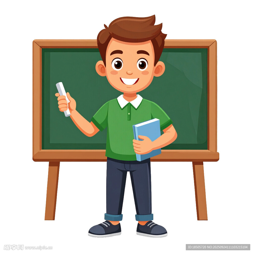 小男孩手持粉笔站在黑板前