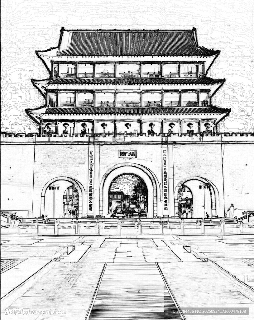 手绘中式古建筑城楼线稿