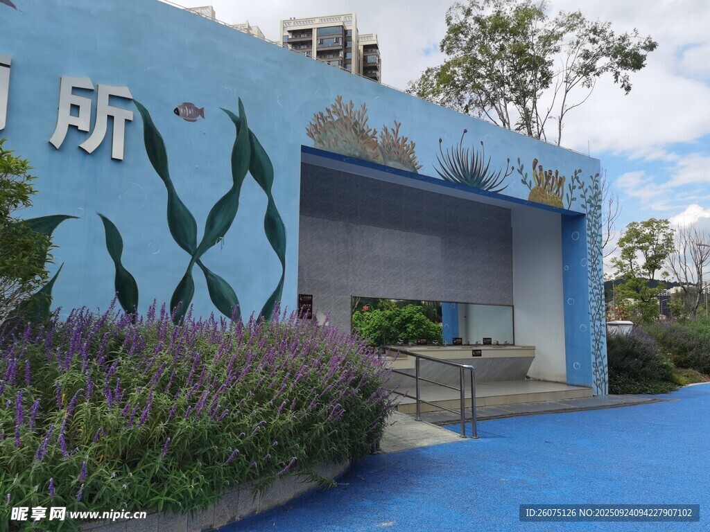 蓝墙绿植的清新户外空间