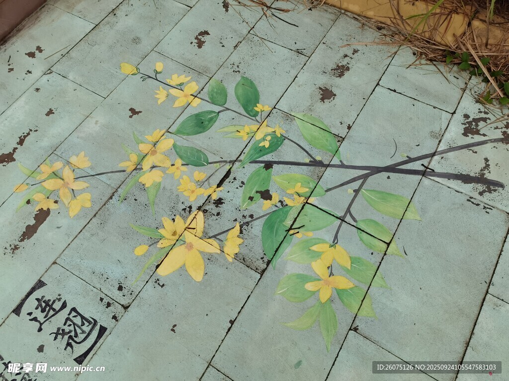 地面落叶与绿植艺术图案