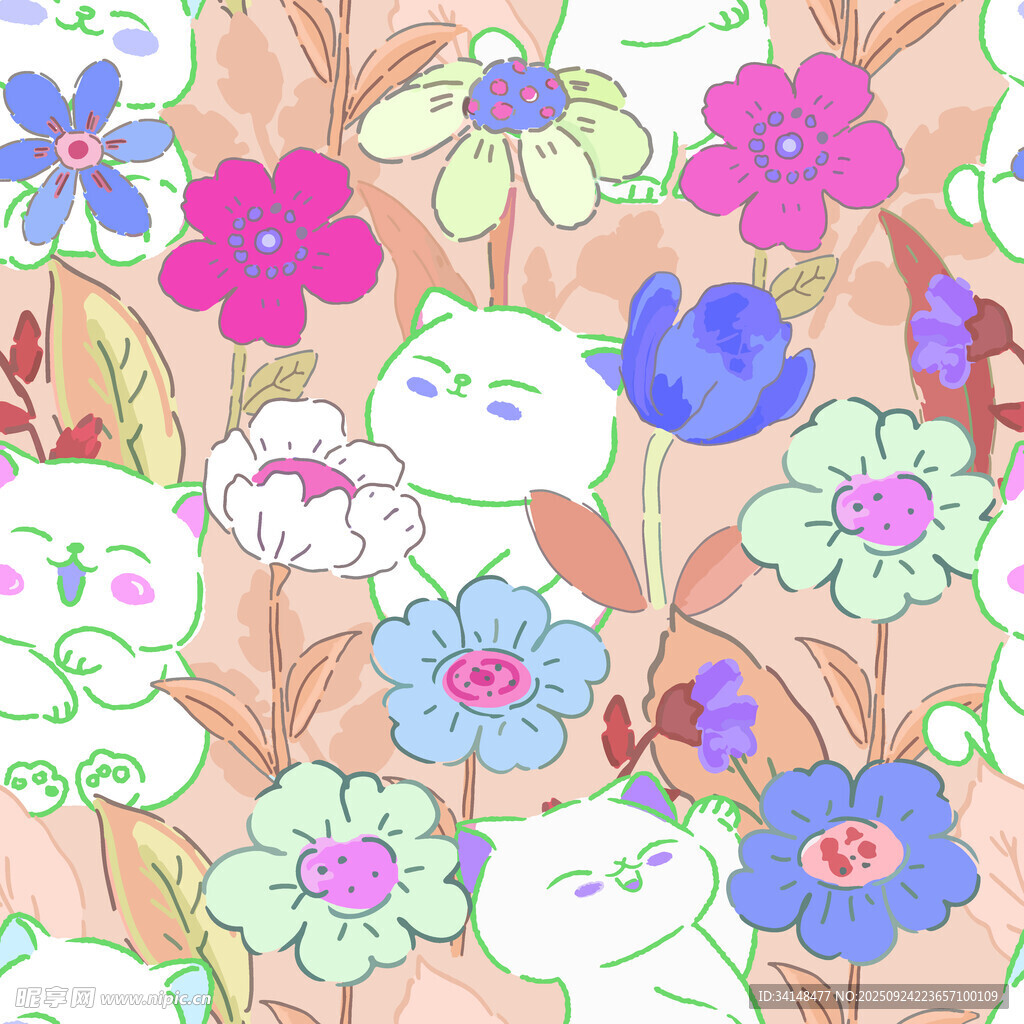 猫咪花卉图案背景图