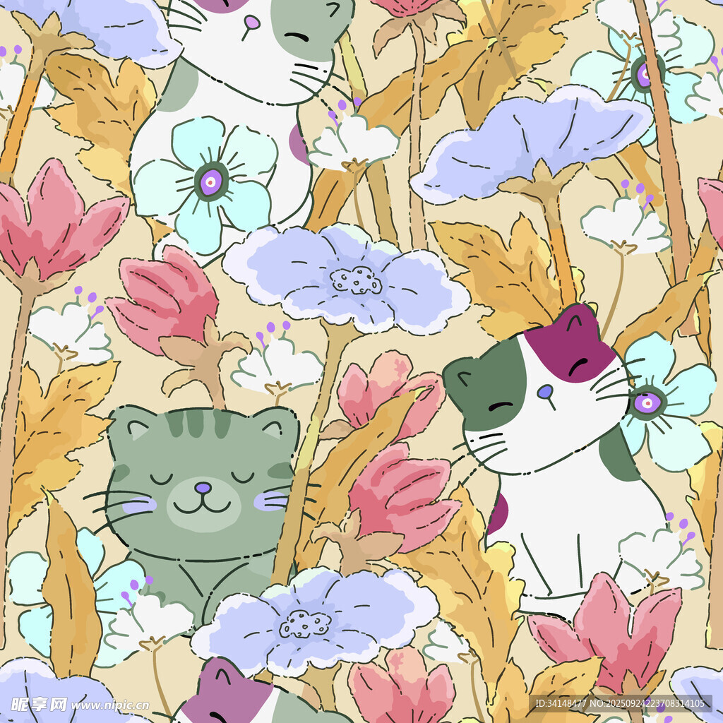 猫咪花卉梦幻图案