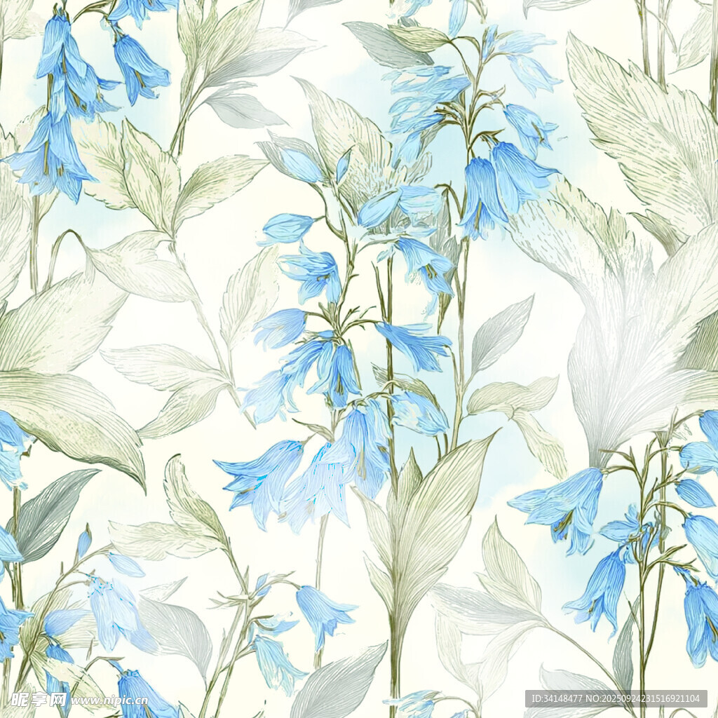 蓝花绿叶水彩花卉图案