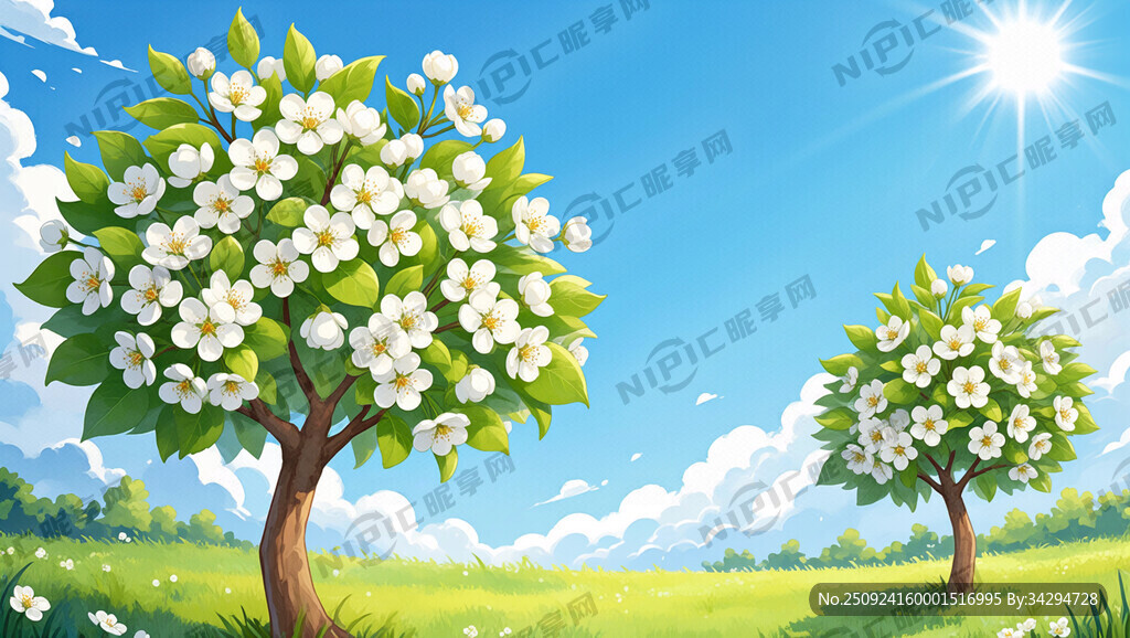 几颗卡通梨树开满梨花