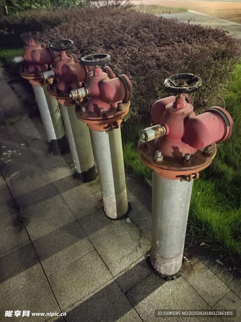 户外红色消防栓整齐排列