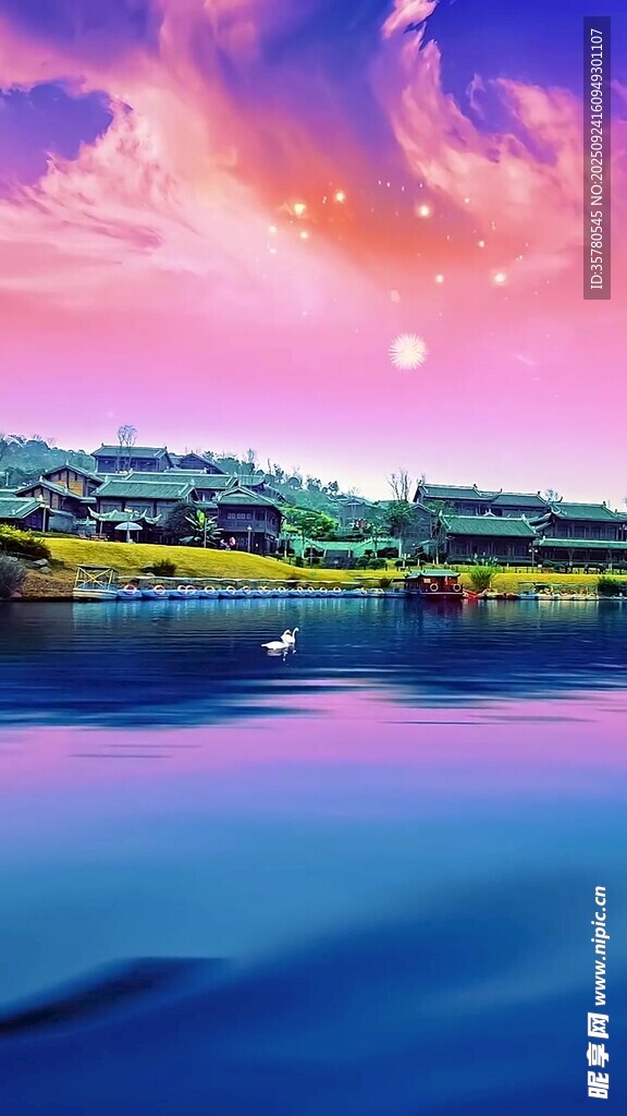 梦幻湖畔日落美景
