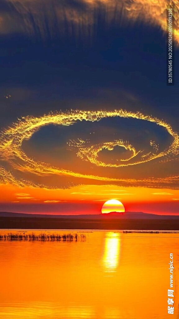 夕阳下湖面的壮丽天空景观