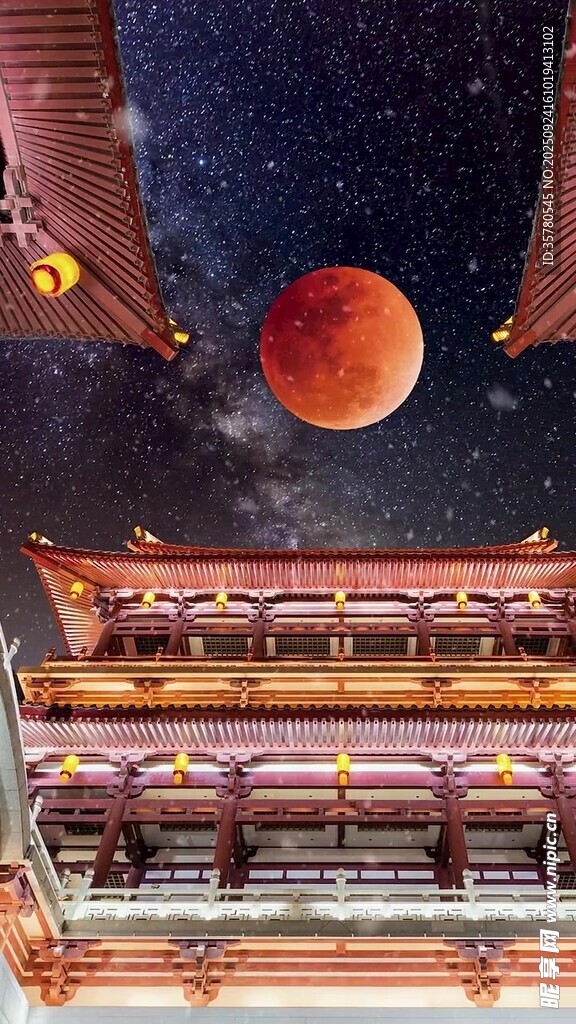 古建上空的红月星空