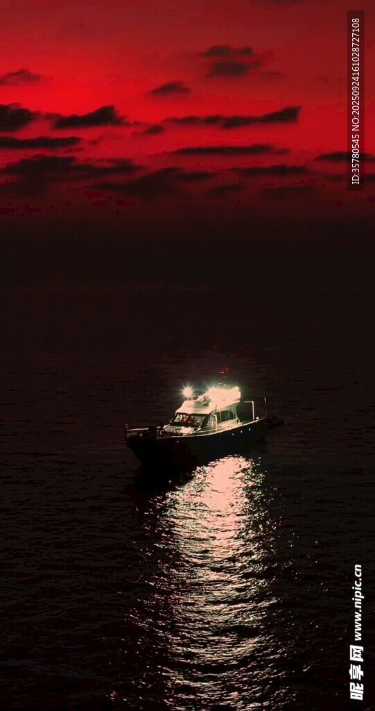 夜幕红空下的海上孤舟