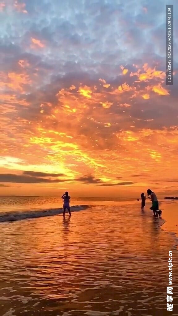夕阳下海边漫步的人们