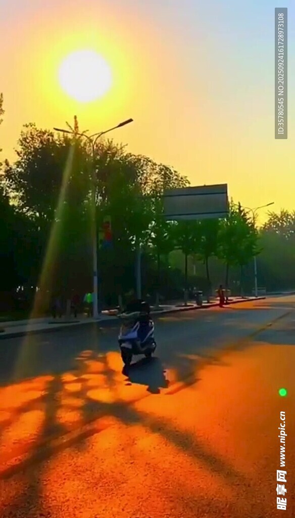 夕阳下的街道骑行画面
