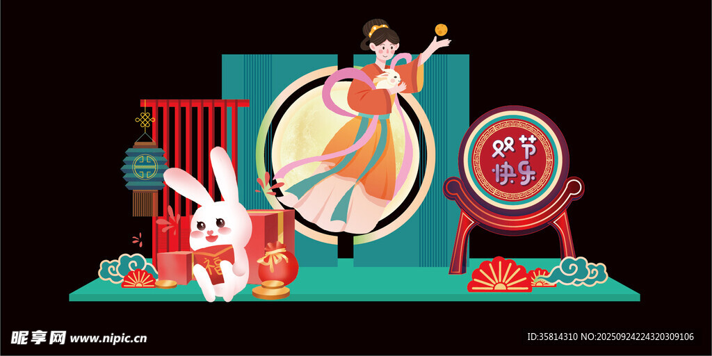 中秋佳节兔子与舞者场景